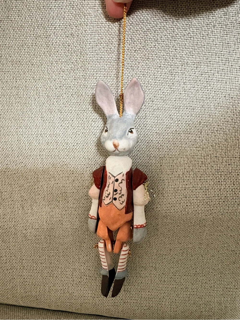 Handcrafted Jointed Clay Bunny Rabbit Ornament Articulated Hanging Folk 5.5”